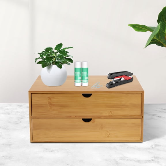 2 Drawers Rectangular Mini Bamboo Desk Drawer Tabletop Storage Organization Box for Stamps Notes Paper Clips