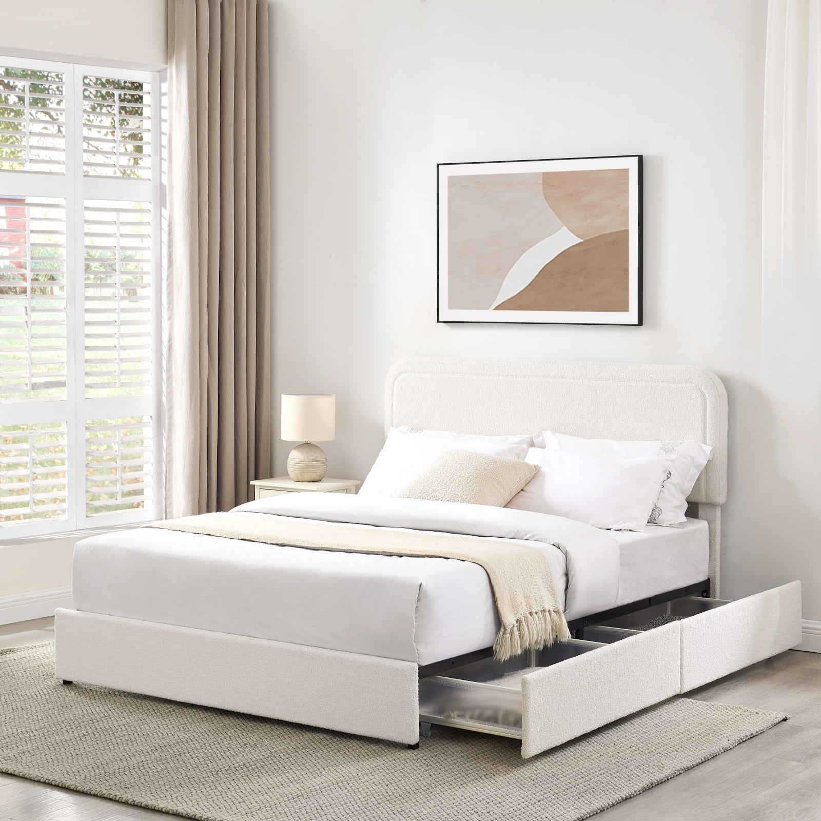 Ivory Boucle Upholstered Queen Storage Bed with Tufted Headboard and Drawers