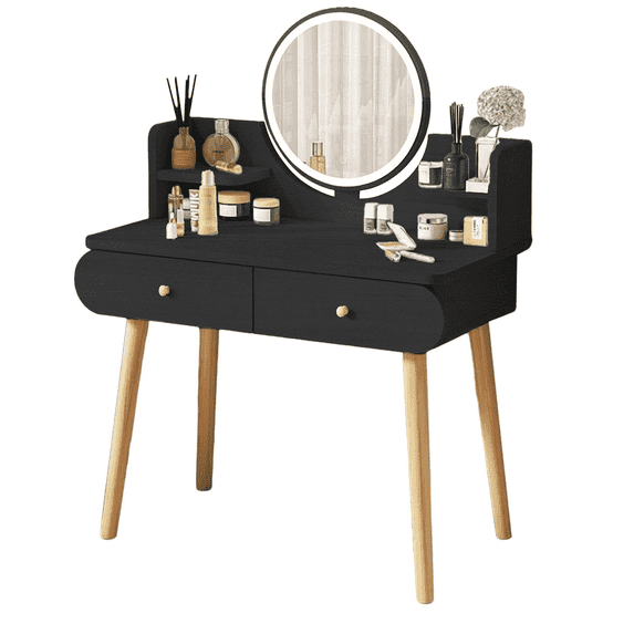 GIATUEE 2 Drawers Vanity Table Set Vanity Desk with Mirror Modern Dressing Table with 2 Shelves, Black