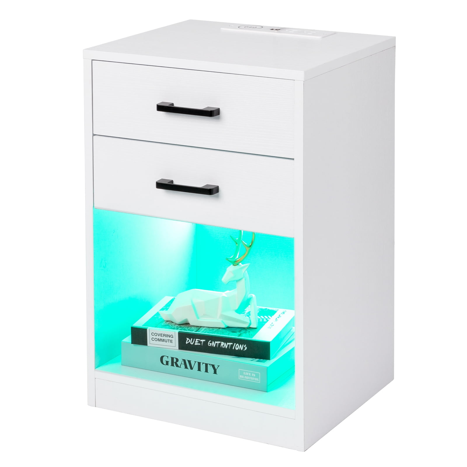 2 Drawers White Nightstand with Charging Station and LED Lights, Bedside Tables with USB Port