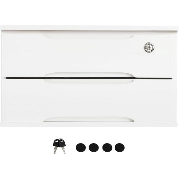 2 Drawers Wooden Desktop Storage Box with Lockable Drawers, Wooden Storage Cabinet Organizer Tabletop Storage Organization Box for Office,Home (White)
