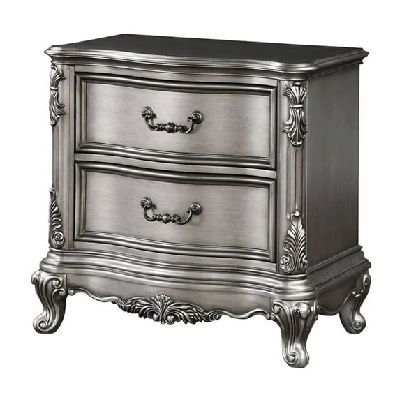 2 Drawers Wooden Nightstand, Antique Platinum Finish - Wood Frame, Stylish Look Silver & Plywood, Elegant