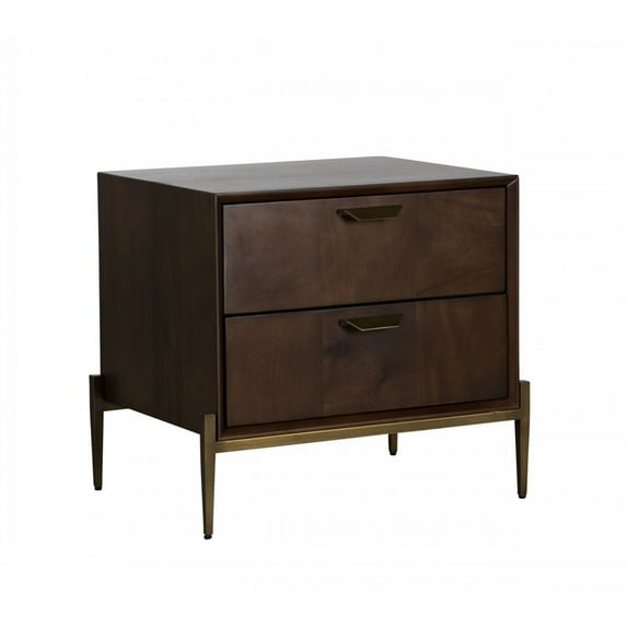 2 Drawers Wooden Nightstand with Antique Brass Sleek Tapered Legs, Brown - Saltoro Sherpi