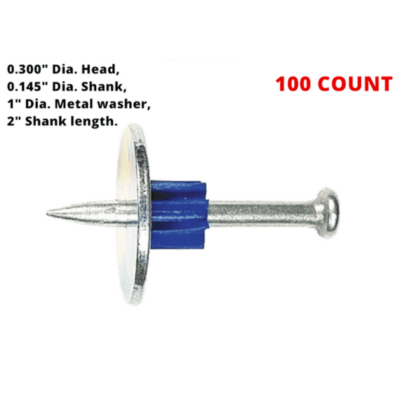 2" Drive Pins with 1" Washers Attaching 2x4 Lumber to Steel I Beam Studs into Metal Walls Anchor Wall Plates to Steel Fasten Anchor Sole Plates to Steel, Steel Nails,100/PKG