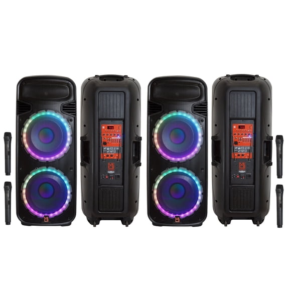 2 Mr Dj PSBAT6200 Dual 15" 4000 Watt Max Power 3 Way Party Speaker with Built-In Bluetooth & Rechargeable Battery
