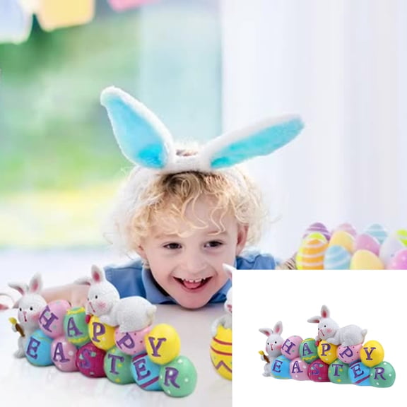 2 Easter Bunny Holding Eggs and Happy Easter Decorations, Resin Easter Bunny Rabbits Figurine Tabletop Centerpiece for Spring Decor Easter Home Office Party Decor