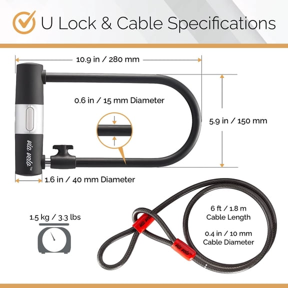 2 Electric Bike Bike Lock Set | Same Key System 4 Keyed Alike keys, Heavy-Duty Hard Steel | 33.5" Folding Lock | 11" Bicycle ULock | 6' Cable | for Electric Bike Fat Tire Scooter Folding Bike