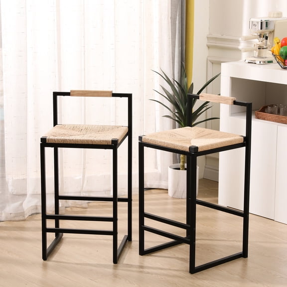 Of 2 Elegant Home Bar Stools, Paper Rope Seat, Metal Frame, Slip Screws, Fits Various Rooms, Easy To Assemble Stools With Back For Daily Counter Use: Strong & Comfortable Weave Seat