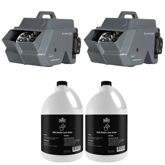 (2) Eliminator Lighting BUBBLETRON EXL Portable Bubble Machines Packaged with (2) Gallons Universal Bubble Machine Refill Fluid