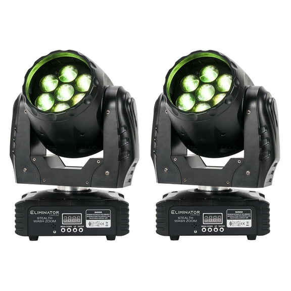 (2) Eliminator Stealth Wash Zoom 7 x 12Watt RGBW LED DMX Moving Head Lights ADJ