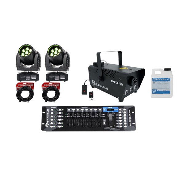 2) Eliminator Stealth Wash Zoom Moving Head Lights+DMX Control+Fogger+Cables ADJ