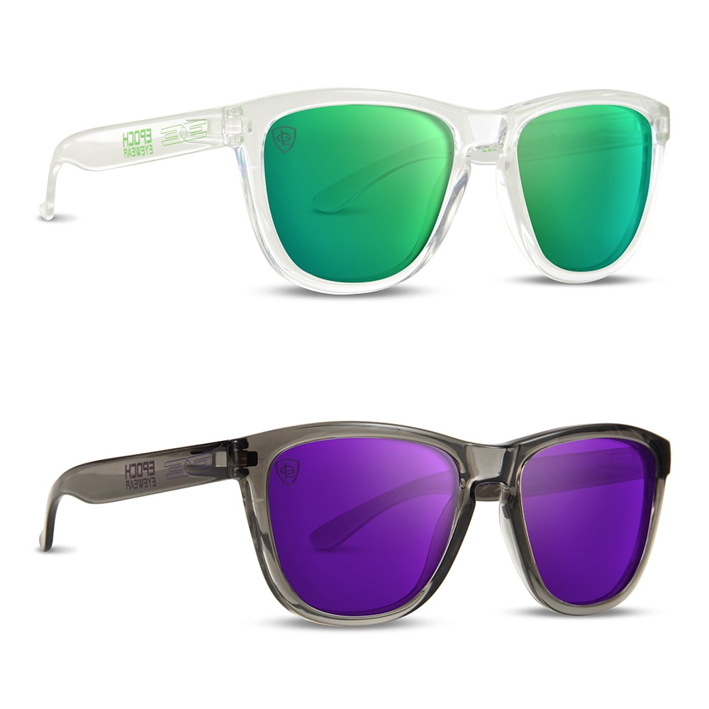 2 Epoch LXE Polarized Sunglasses 1 Clear Frame with Green Mirror Lens 1 Grey Frame with Purple Mirror Lens Walmart