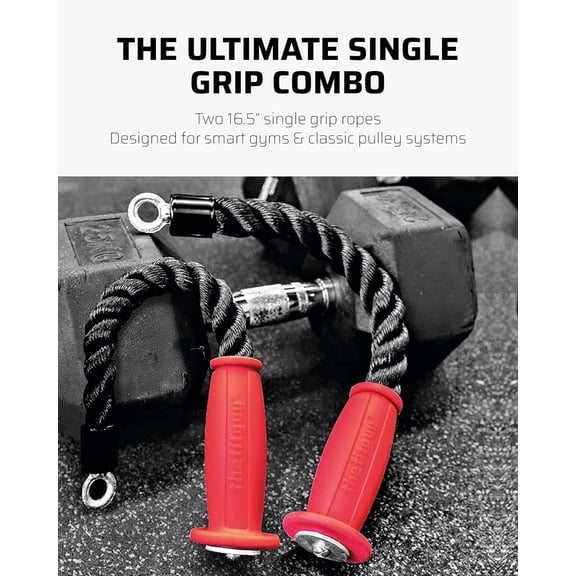 2 Ergonomic 16.5" Single Tricep Ropes | Non-Slip Cable Attachment | Wrist Pressure Relief | Grip Strength & Forearm Activation | Home & Commercial Gym Accessory, For Cable Machine, Smart Gym