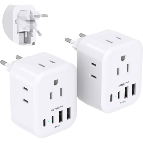 2 European Travel Plug Adapter, International Power Adapter 4 Sockets 4 Port (2), Foldable Adapter, Suitable for USA to Most European Italy Spain Greece Portugal France Germany