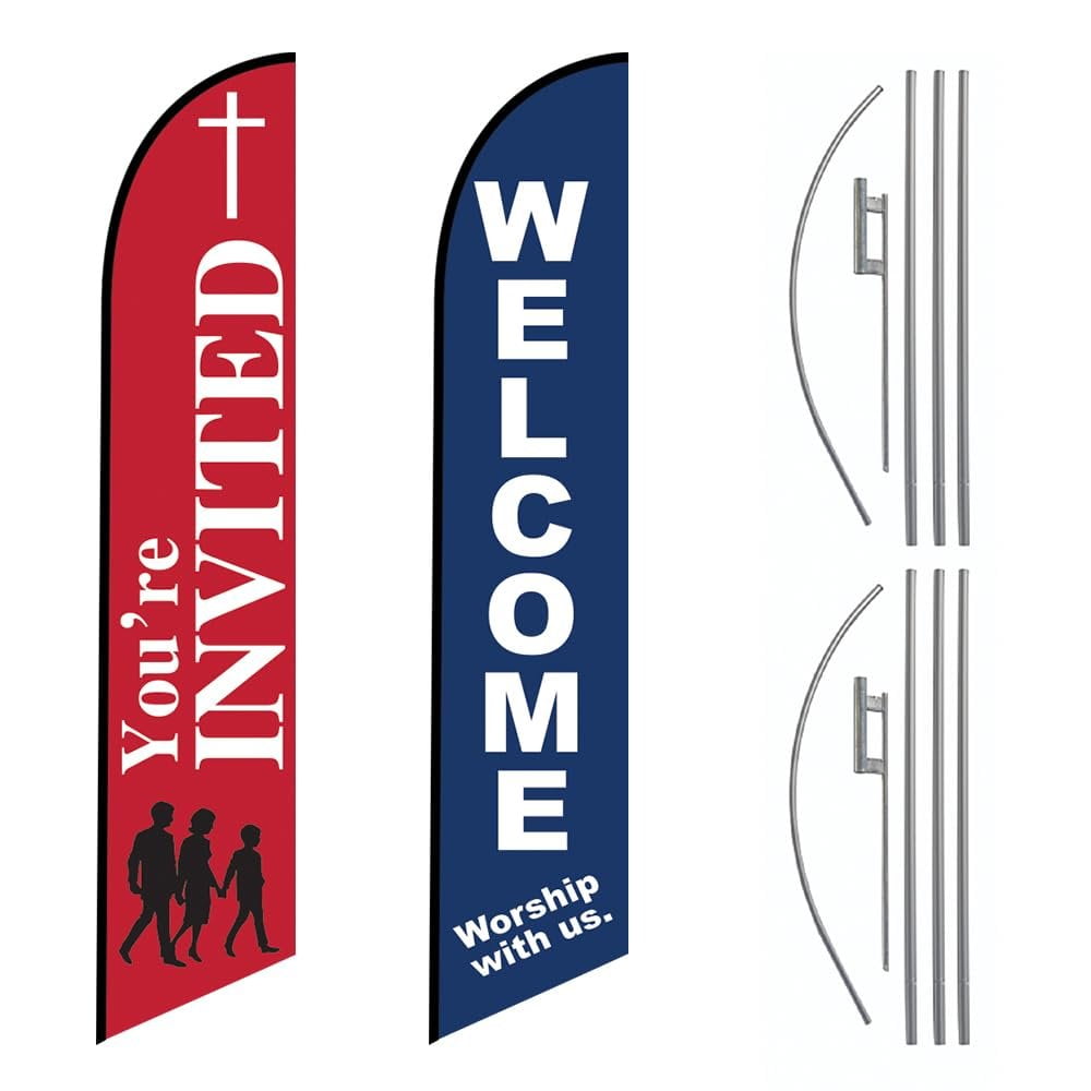 2 FFN - "Welcome Worship With Us" & "You're Invited" 15' FT Feather  Flag Pole Kit and Ground Spike