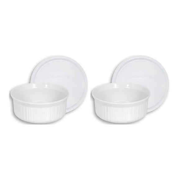 (2) FS16 16oz Round French White Casserole Dishes & (2) F-16 16oz French White Plastic Lids