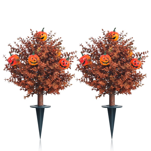 2 FT Artificial Pumpkin Topiary Stake Set of 2, Halloween Topiary Tree with Smiling Pumpkin for Outdoor Yard Garden Pathway Porch Fall Decor
