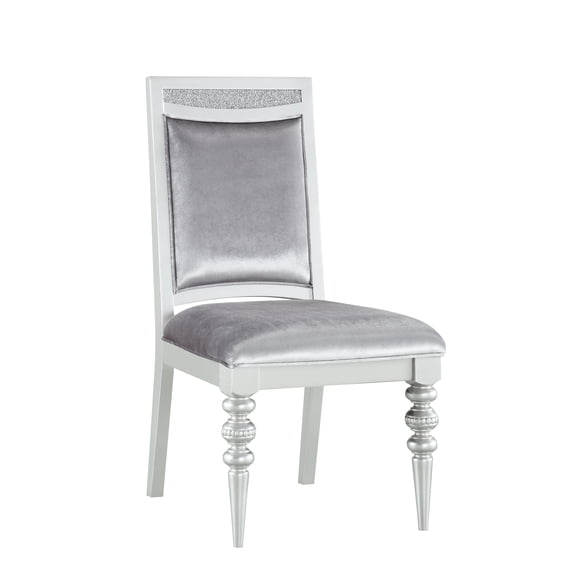 2 Fabric Side Chairs With Platinum Finish - 220lbs Seat Capacity. 20" Depth, 19" Height. Stylish Rectangular Dazzling Rhinestone Embellishments. Soft Padded And Back In Fabric. Wooden Apron Turned