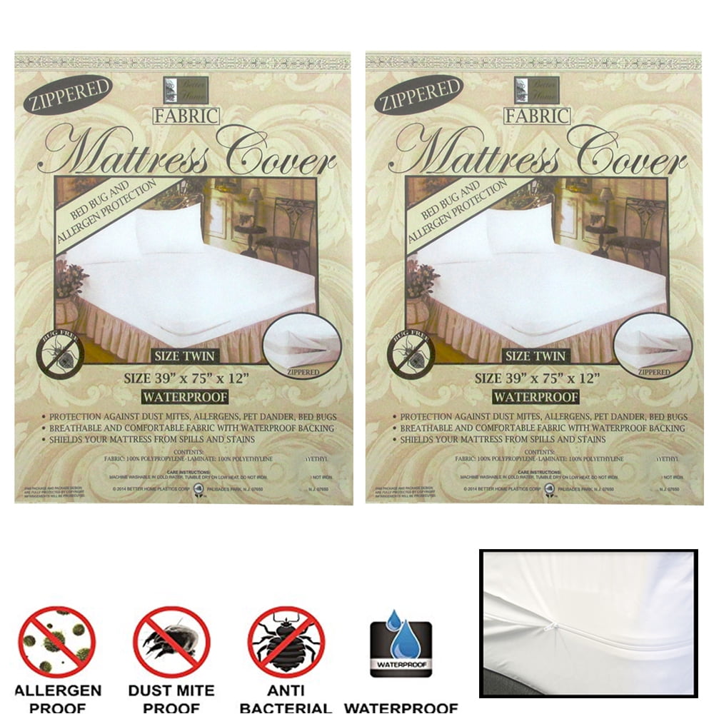 Set of 2 Twin Size Waterproof Zippered Mattress Covers Hypoallergenic