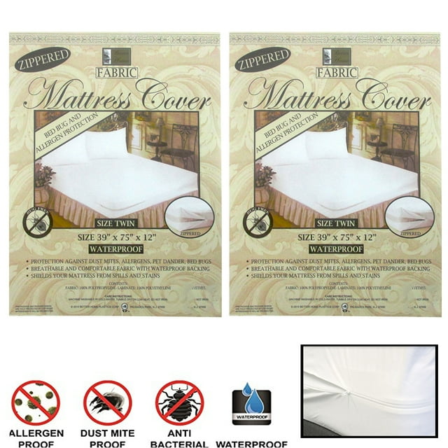 Set of 2 Twin Size Waterproof Zippered Mattress Covers Hypoallergenic