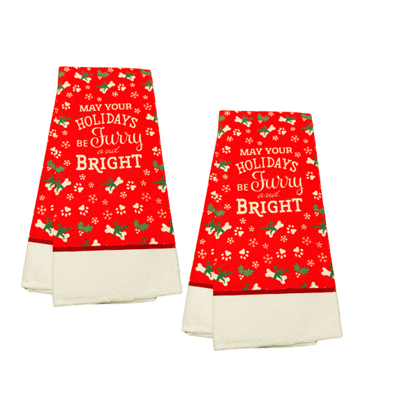 (2) Fall Holiday Home Decor Xmas Kitchen Bathroom Hand Dish Towel Sets 15x25 100% Polyester Gifts Matching Decorative Set Square Cute Cooking Baking Drying(May Your Holidays Be Furry and Bright)