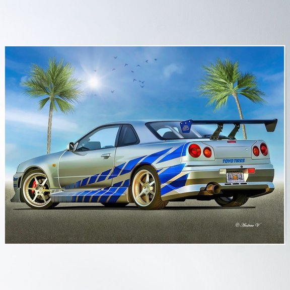2 Fast 2 Furious Brian'S Nissan R34, Wall Art UNFRAMED PAPER POSTER, Home Decor