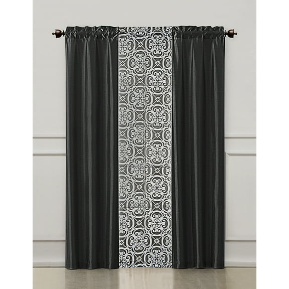 2 Faux Silk Panels and 1 Printed Voile/sheer Panel : 3 Piece Coordinated Window Treatment Set (Black)