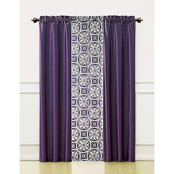 2 Faux Silk Panels and 1 Printed Voile/sheer Panel : 3 Piece Coordinated Window Treatment Set (Purple)