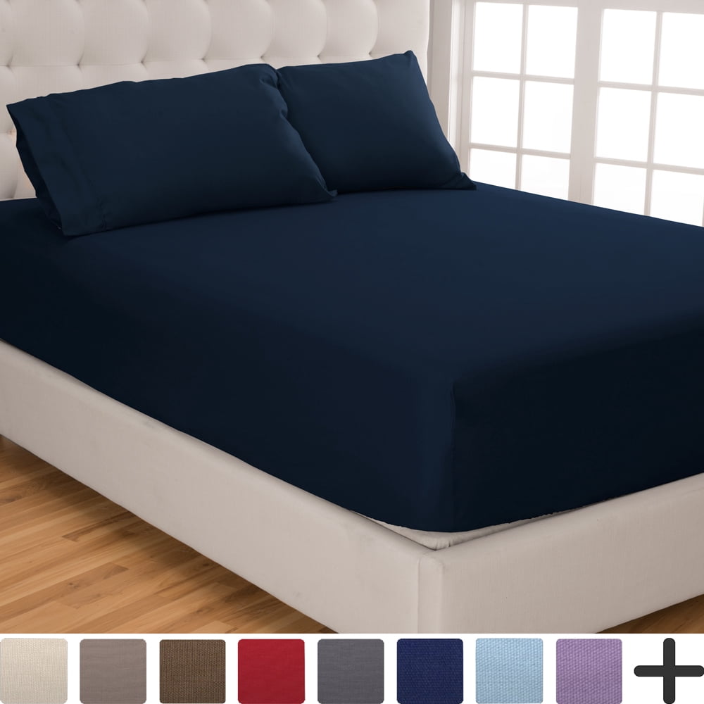 2 Fitted Sheets + Pillowcase Set, Microfiber, Wrinkle Resistant, Split King, Dark Blue