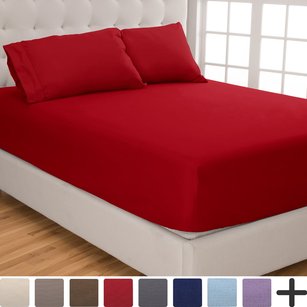 2 Fitted Sheets + Pillowcase Set, Microfiber, Wrinkle Resistant, Split King, Red
