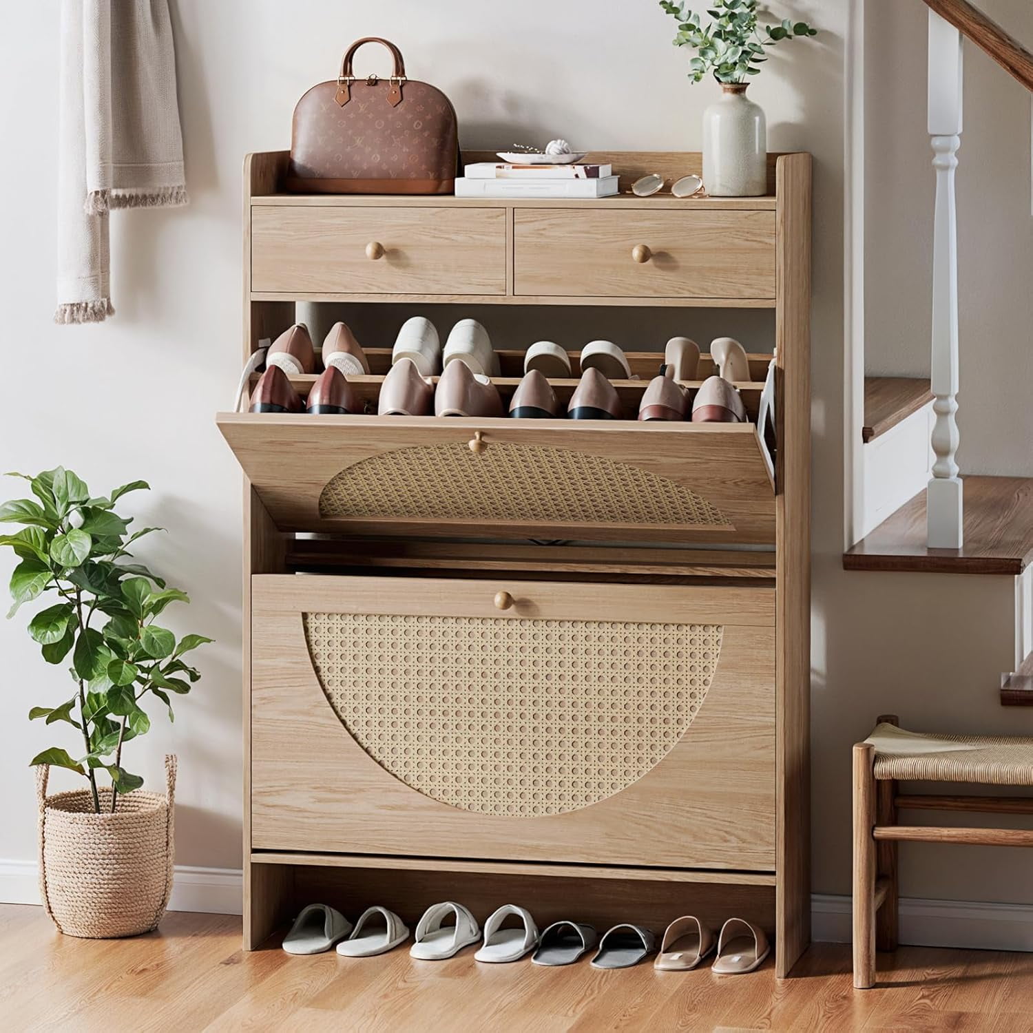 2 Flip Drawers Doors Shoe Storage Cabinet with 2 Drawers,Rattan Style ...