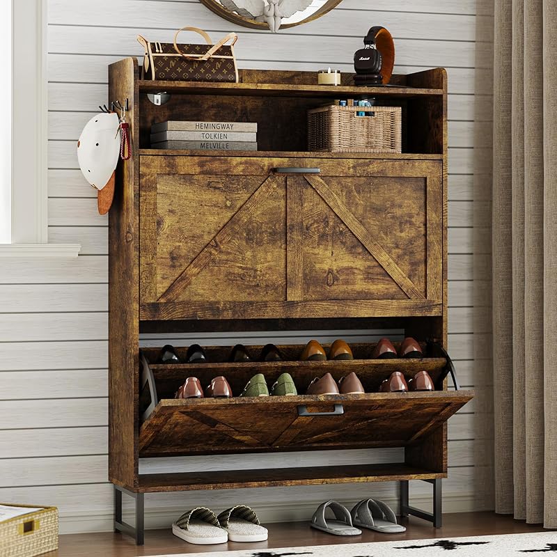 2 Flip Drawers Narrow Shoe Storage Cabinet Organizer Wooden ...