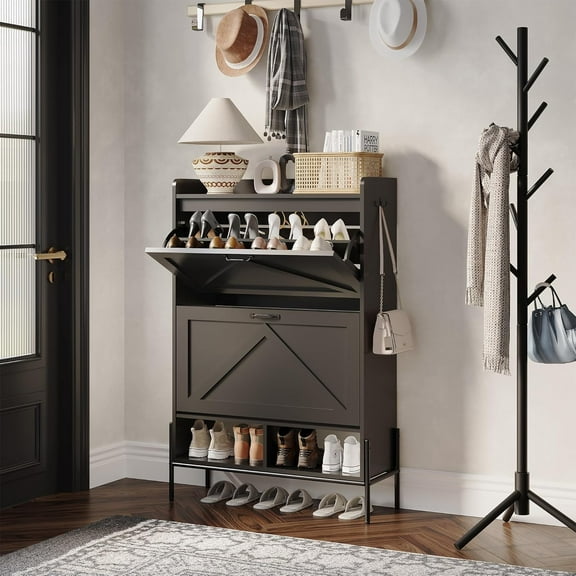 2 Flip Drawers Shoe Storage Organizer ，Narrow Hidden Shoe Rack Cabinet, Freestanding Wooden Shelf for Foyer, Hallway, Front Door Entrance