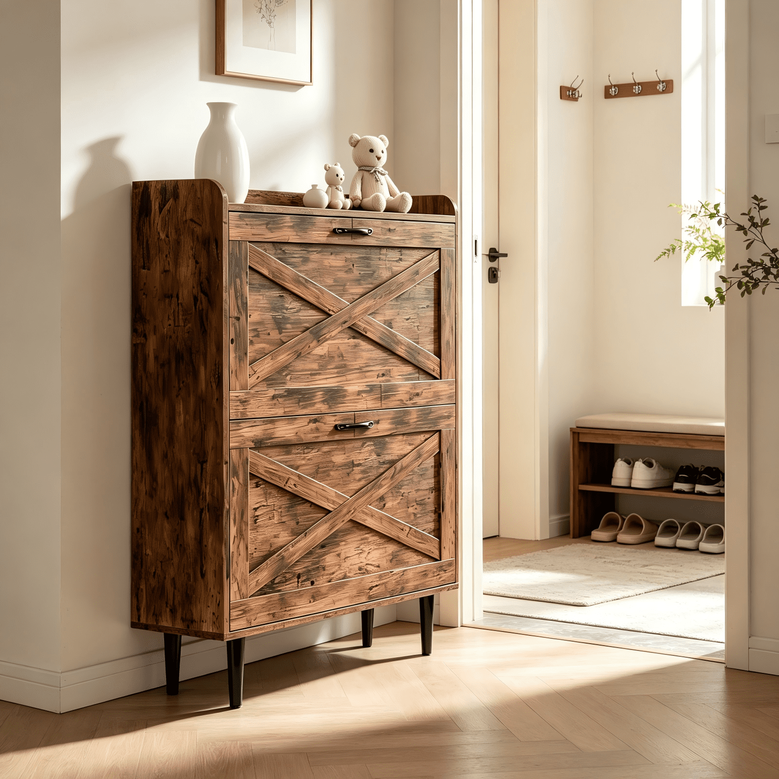 2 Flip-Top Drawer Shoe Cabinet with Sliding Barn Door and Guard-Rail