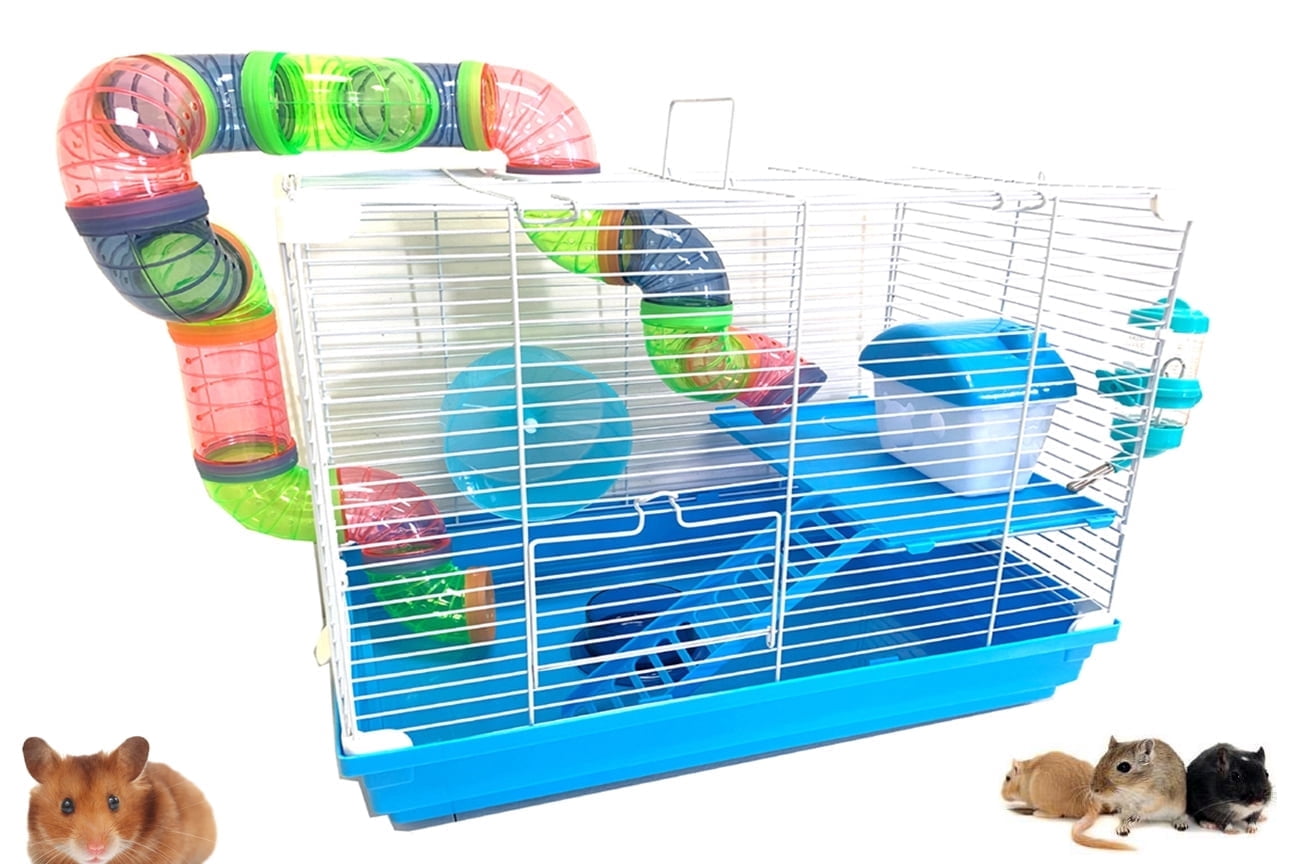 2-Floors Hamster Cage Gerbil House Habitat Kit Small Animal Travel Carrier with Solid Platform, Ladder, Exercise Wheel, Play Tubes, Water Bottle and Food Dish
