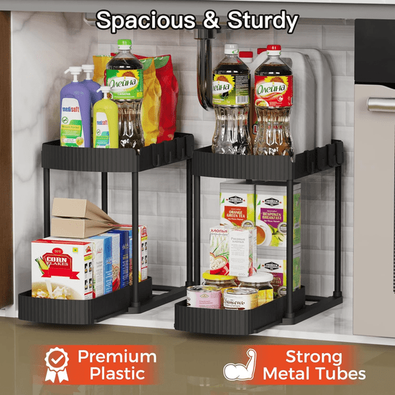 2 Floors Multi-Purpose Pull-Out Storage Organizers, Under Sink Organizers and Storage for Bathroom & Kitchen, Under Cabinet Organizers and storage, 12.8 Inch, Grey