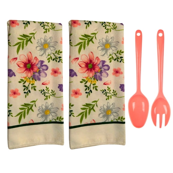 (2) Floral Pring Kitchen Towels, 15x25in with Peach Spoon Fork Serving Utensils Peach Salad Server Easter-Themed Home Dcor Kitchen Accessories Seasonal Hostess HousewarmingGift Cooking Baking Tools