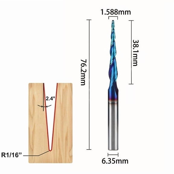 2-Flute Tapered Ball Nose End Mills Carbide Cutter Wood Router bit 6.35mm shank
