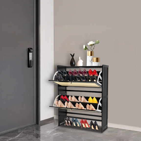 2 Fold-out Doors With 4-tier Enclosed Storage Space 4-tier Natural Rattan Shoe Cabinet, Free Standing Shoe Racks, Shoe Cabinet