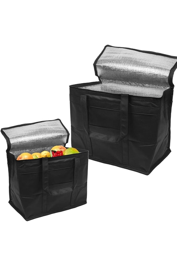 Black Insulated Food Delivery Bag, 13 x 14 x 8 Inches. Pack of 2 Insulated Grocery Bags with Zippered Top. Foldable Catering Bag for Food Deliveries. Heavy Duty Cold Bags for Groceries