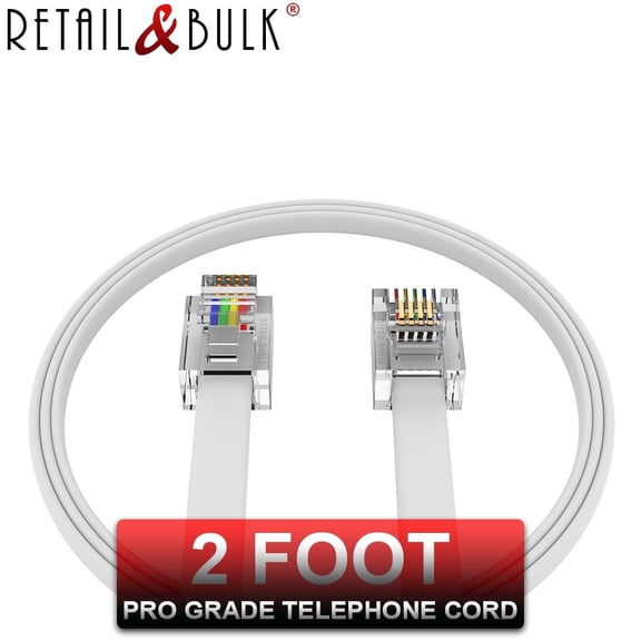 2 Foot RJ11 Telephone Cord - Voice/Data Phone Cable, 4 Wire, 100% Copper (White 2ft) Made in USA