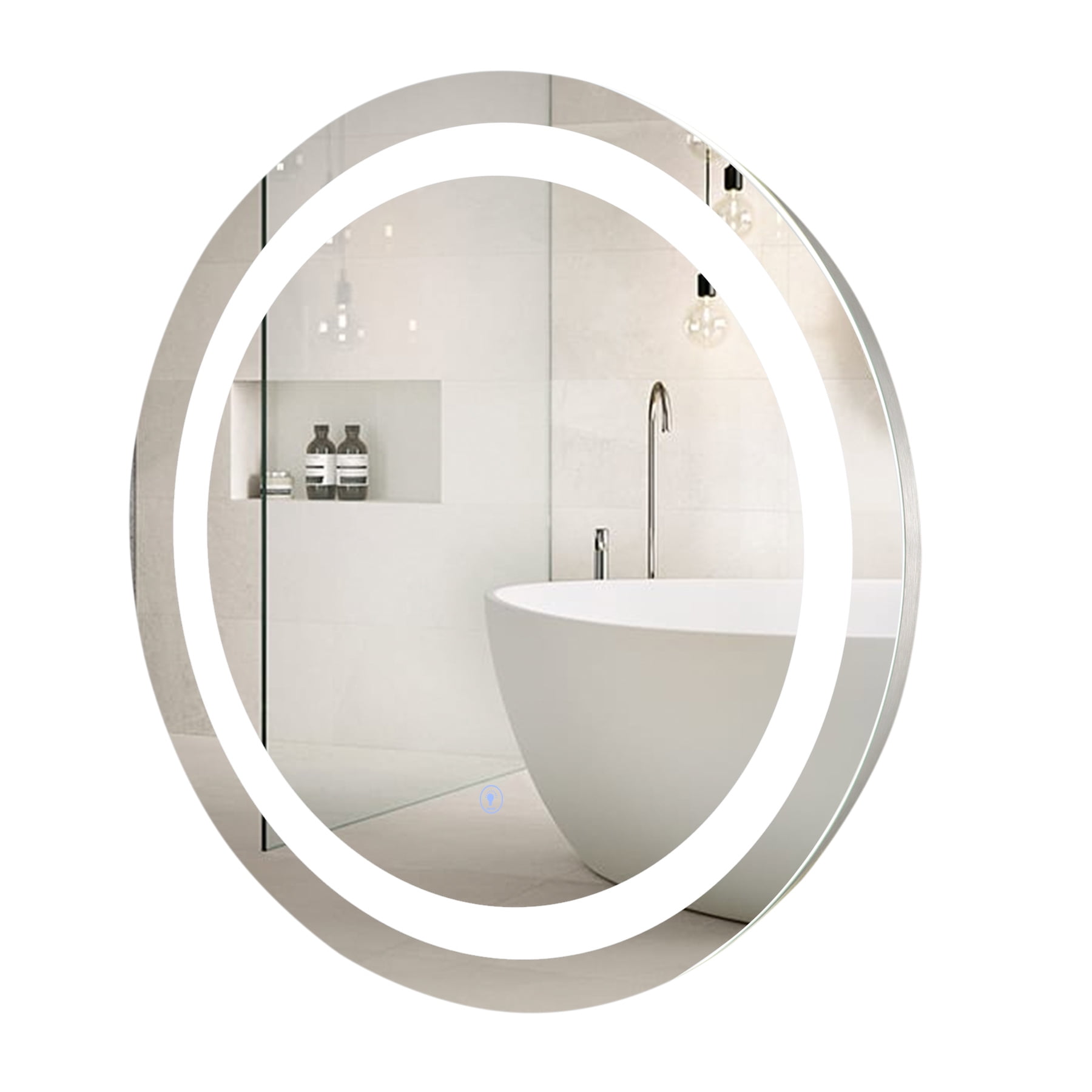 2-Foot Silver Round Rounded Wall Mirror with LED Lighting and Touch Control Dimming Glass Aluminum Alloy Metal