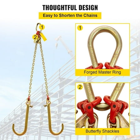 2-Foot Truck Tow Chain, 5/16" Grade 80 V-Bridle Design, 9260LB Break Strength, Comes with Twin J-Hooks, Crab Claw Hook, & Accessories