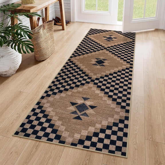 2 Foot by 6 Foot Black Checkered Runner Rug for Entryway Kitchen Laundry Room Hallway
