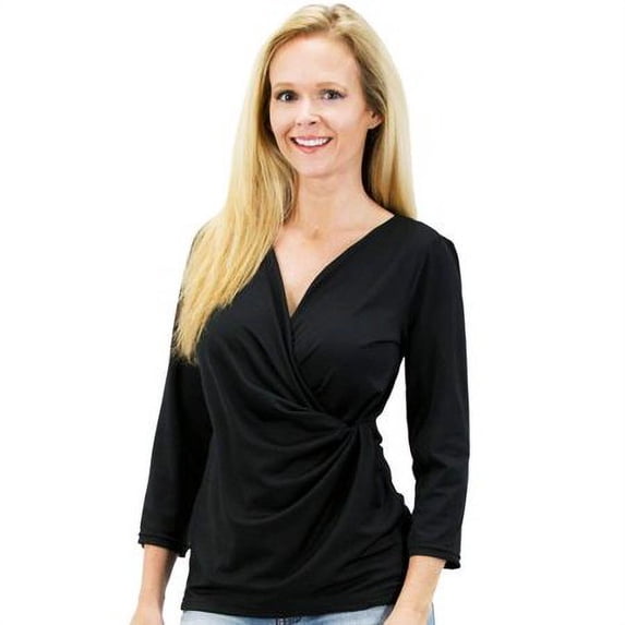 2 For 1 Clothes Women's Solid/Print V Neck 3/4 Sleeve Knit Front Drape Wrap Jersey Tops Side Shirring Blouse (M)