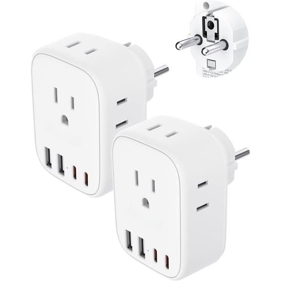 2 France Travel Power , Schuko Type E/F Power Plug Adaptor with 4 Ports(2 Type C), 4 Outlet Converter, to EU Spain Greece Norway Iceland South