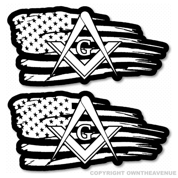 2 Freemason USA American Flag Distressed Masonic Mason Compass Sticker Decals - 4" Inches Long Each