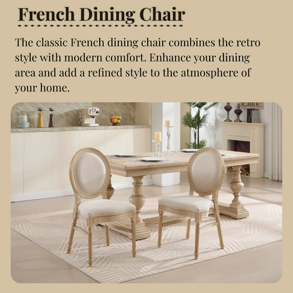 2 French Country Beige Upholstered Dining Chairs, Stackable & Disassemblable