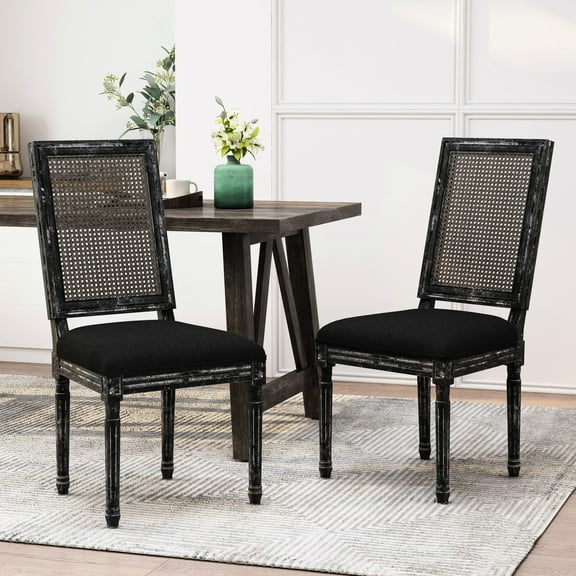 Of 2 French Style Dining Chairs, Solid Rubberwood, Upholstered Seating, Cane , Weathered Brown Effect, 20"w X 39.5"h Country Chairs (2), Fabric Seat, Back, Antique Effect