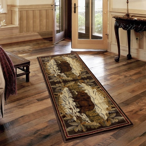 2 Ft. 7 In. X 3 Hunting Bear Area Carpet - Stain- Polypropylene, Jute Backed, Soft And , & Pet Safe, Brown, Made In Turkey Lodge 2'7" 7'3" , Stain Back, For Home ,